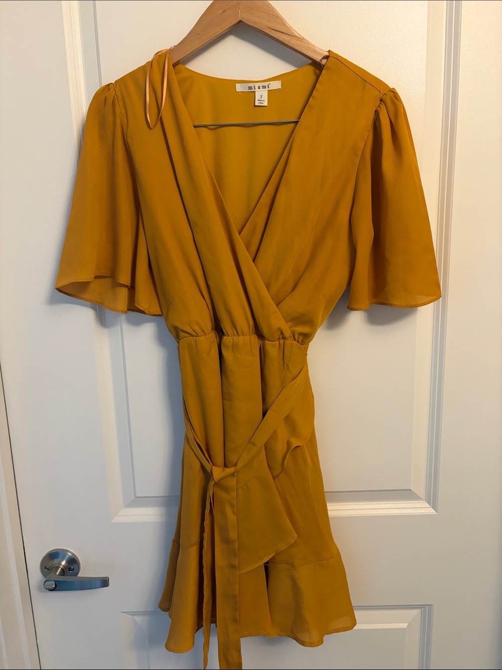 Miami Mustard Yellow Wrap Dress with Flutter Sleeves